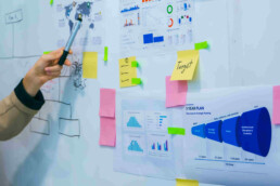 A whiteboard with various post-it notes and graphs